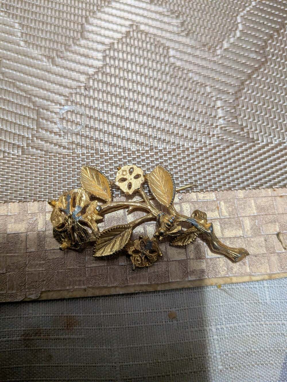 Vintage Textured Gold Tone Floral Bouquet Brooch with Stem and Leaves